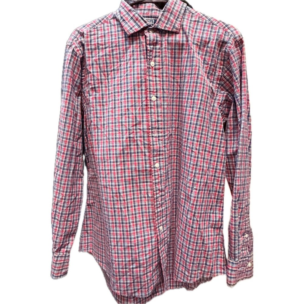 Polo Ralph Lauren Mens Estate Custom Fit Plaid Button Down Shirt Red Blue 16.5